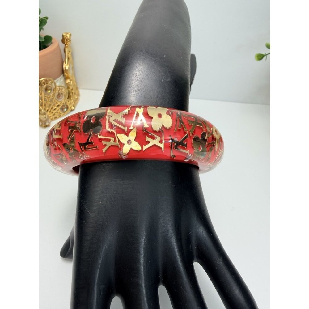 Louis Vuitton Red Lucite Chunky Monogram Bangle Bracelet Statement Sz 8" - Picture 2 of 13